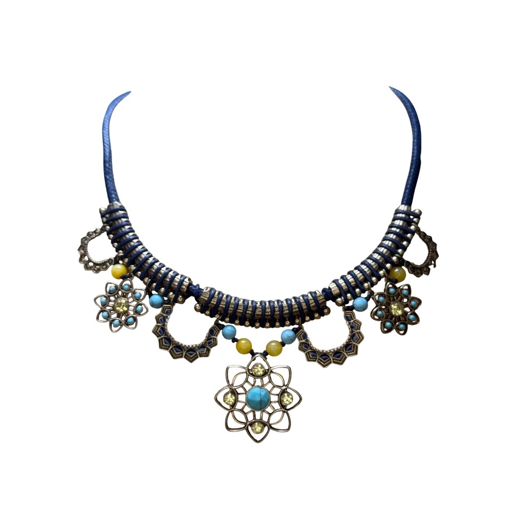 Isabel Statement Necklace Blue Boho Tribal‎ Geometric Floral Beaded